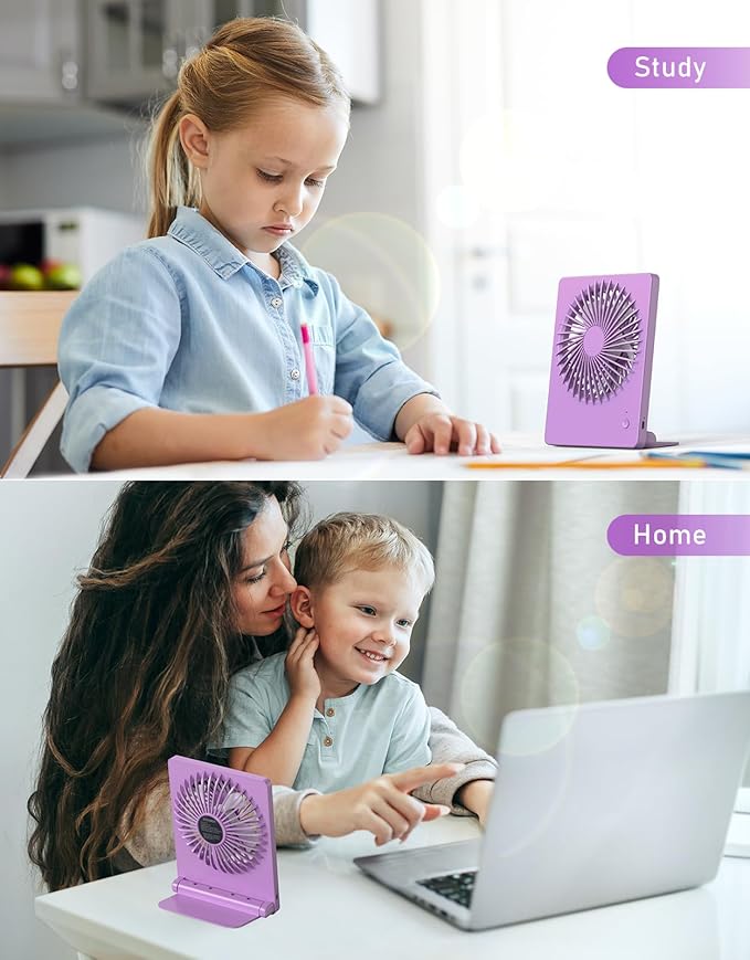 Zuvas Desk Fan Battery Operated Fan Rechargeable 180°Tilt Folding Personal Fan Ultra Quiet Small Portable 3 Speed Adjustable Strong Wind Fan For Office Bedroom Home Desktop Camping (Purple)