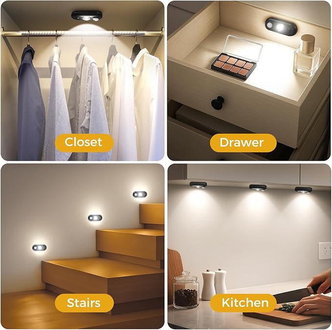 LED Motion Sensor Puck Lights, Small Rechargeable Under Cabinet Light, Dimmable Daylight White Closet Lights, Wireless Under Cabinet Lighting for Drawer, Kitchen (6 Pack)