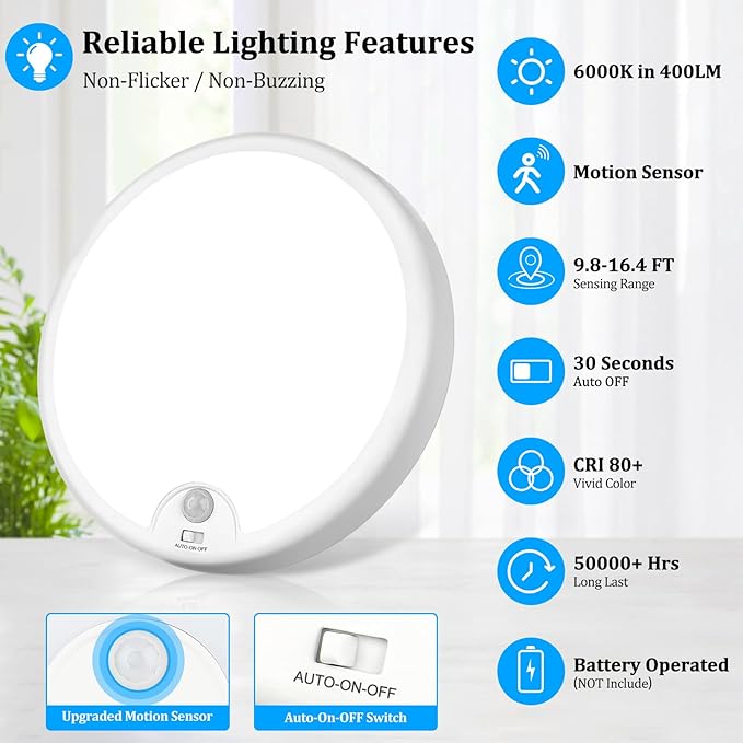 2-Pack Battery Operated Motion Sensor LED Ceiling Light, 7.2inch Flush Mount Light Fixture 6000K, Wireless Motion Activated Ceiling Lamp in 400LM for Closet Pantry Laundry Stair(Battery Not Included)