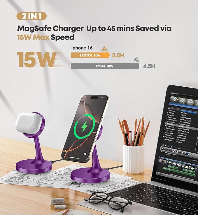 TXXTOL Magnetic Wireless Charger iPhone Stand, 15W Fast Mag-Safe Charger iPhone 17/17 Air/17 Pro/17 Pro Max 16/15/14/13/12 Series Magnet Wireless Charging Station/Pad/AirPods for Home, Office, Travel