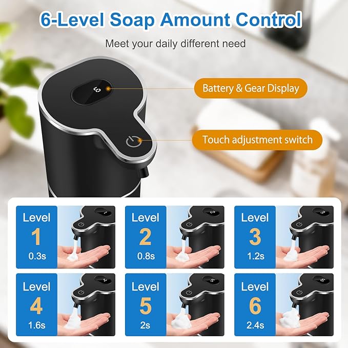 Automatic Foaming Soap Dispenser with Digital Display, 6-Level Foam Adjustable, Rechargeable, 12.8oz/ 380ml Wall Mounted Touchless Hands Free Auto Dispenser for Kitchen, Bathroom, Hotel, Restaurant