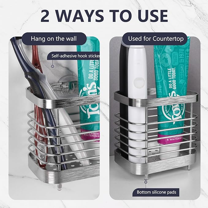 Wall Mount Toothbrush Holder for Bathroom, Stainless Steel Rustproof Toothbrush and Toothpaste Holder Organizer, Electric Toothbrush Holder Self Adhesive Wallmount/Countertop Organizer(Silver Small)