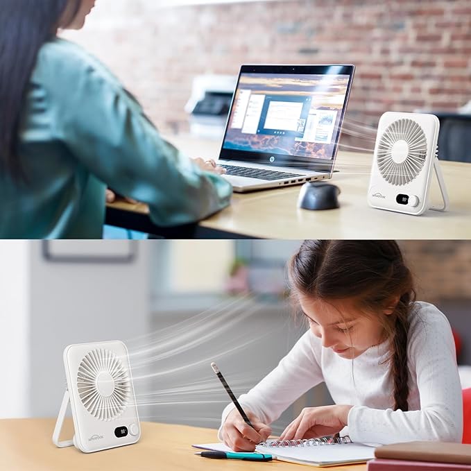 WHATOOK Small Desk Fan Personal Fans: 5000mah 25 Hours Battery Office Quiet Mini Desktop Fan Portable Rechargeable Travel Essentials (White, 5000 mAh)