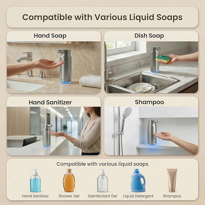 GentleJet CrystalJet Automatic Liquid Soap Dispenser Touchless Sensor, Stainless Steel, USB-C Rechargeable, Waterproof Kitchen & Bathroom Countertop Soap Dispenser, 300 ml