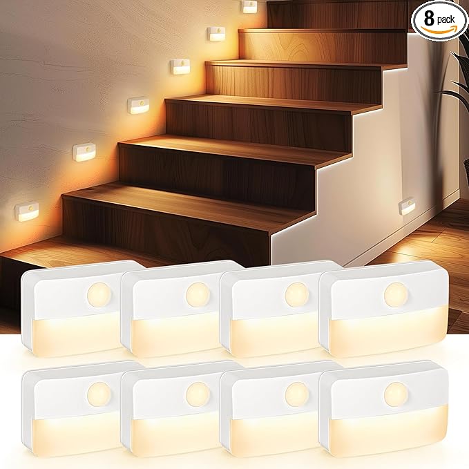 Guankai 8 Pack Motion Sensor Stair Light for Indoor, Battery Operated Closet Lights, Wireless Stick on Anywhere Hallway Lamp, Portable Led Night Lamps for Bedroom Under Cabinet Kitchen
