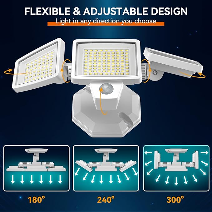 LED Security Lights Motion Sensor Outdoor Lights, 6500K Daylight, IP65 Waterproof, Dusk to Dawn, 3-Head Motion Detected Flood Light for Garage, Yard, Porch, White, 2 Pack