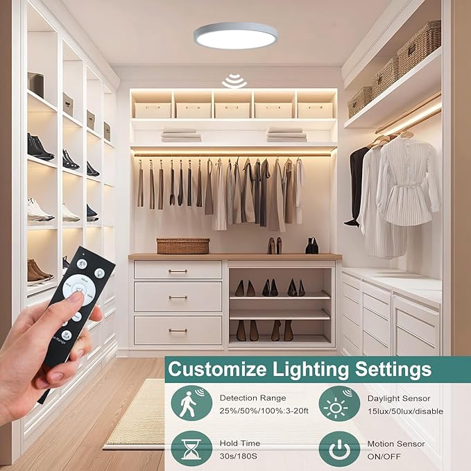 7 Inch Motion Sensor Ceiling Light Indoor,Motion Sensor Fixture Indoor for Closet Hallway Laundry Porch Pantry, Hard Wired Sensor Ceiling Light Black White