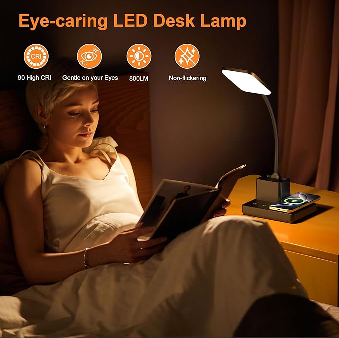 Desk Lamp, Table Lamp with Wireless Charger & USB Port, 800LM CRI95 3 Color Modes Dimmable Touch Flexible Arm Pen Holder, LED Desk Lamps for Home Office, College Dorm Room, Adapter Included