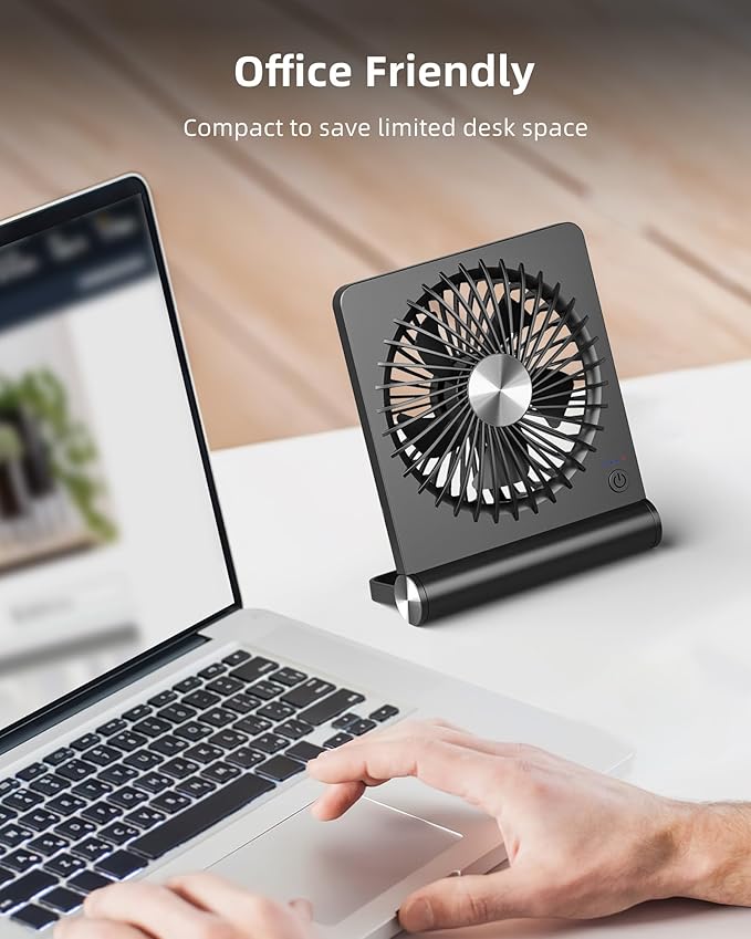 Koonie Portable Desk Fan, 3.5-20hrs Battery Operated Small USB Fan with Ultra Quiet 220° Tilt Folding, Rechargeable Personal Fan with 3 Speeds Strong Wind for Home Office Desktop, Black