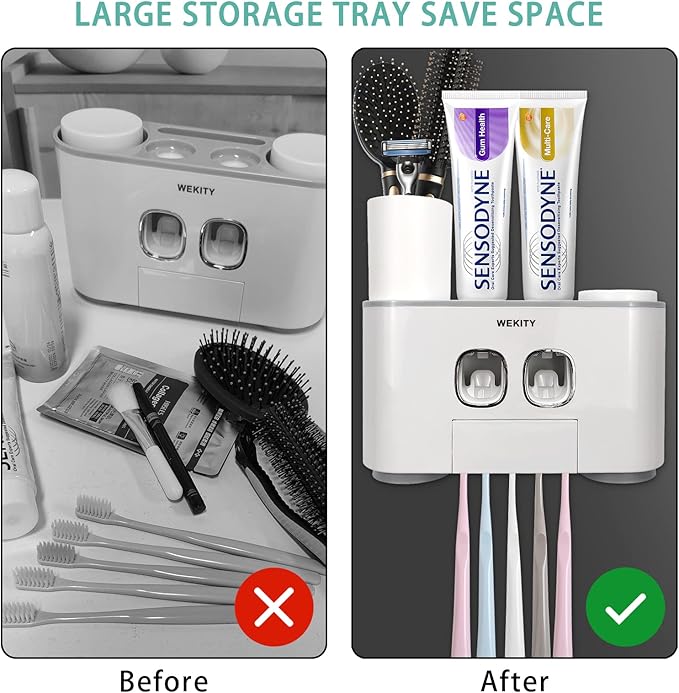 Toothbrush Holder WREWING Multi-Function Wall-Mounted Automatic Toothpaste Dispenser and Dust-Proof Toothbrush Holder with 5 Brush Slots 4 Cups 2 Automatic Toothpaste Dispensers 1 Storage Slot (Grey)