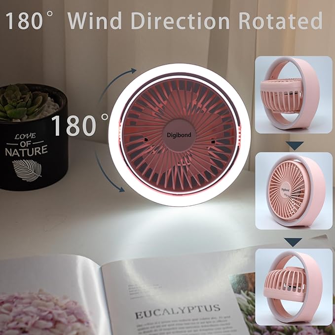 Digibond Pink Desk Fan, Small Quiet with Ambient Light/Hook Portable USB Fan 5.3in High Power 3000mAH Rechargeable Battery Operate 3 Speed 180°Rotated Easy Clean