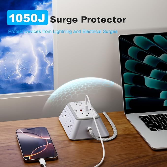 Power Strip Extension Cord - 6 Outlets and 4 USB (2 USB C), 5FT Braided Cord with Ultra Thin Flat Plug, 3 Side Outlet Extender with Overload Protection, Travel, Cruise Ship, Dorm Room Essentials