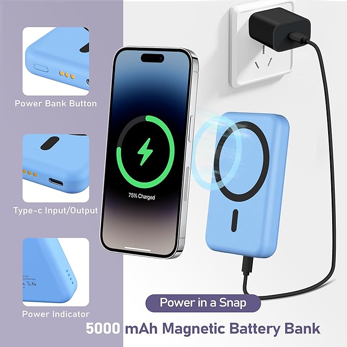 Smtcsl 3 in 1 Wireless Charging Station: 5000mAh Removable Power Bank Charger Stand for Phone/Watch/Air Pods - Portable Magnetic Battery Pack for Air 17 16 15 14 13 12 Series Blue