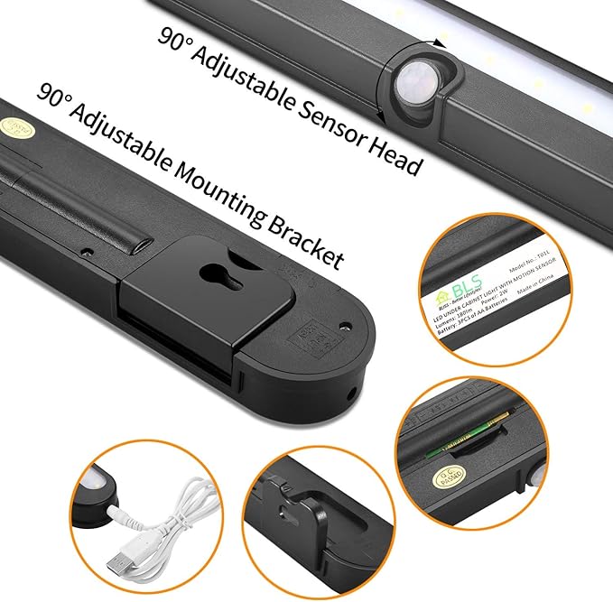 BLS T01LB LED Closet Light Super Bright 20 LED Under Cabinet Lighting Battery Powered/DC Input Wireless Motion Sensing Light, Motion & Light Sensor, Light Beam Adjustable, Black(2 Pack)