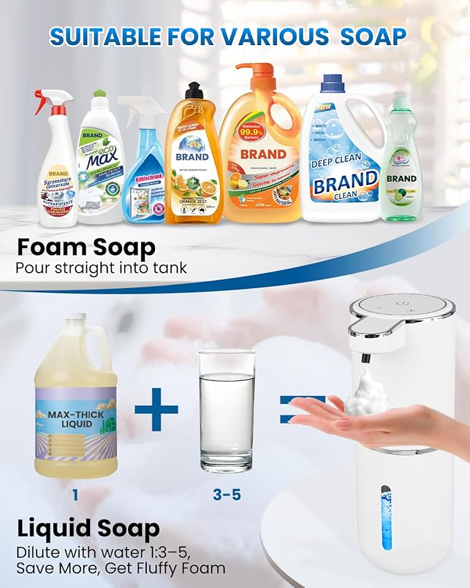 Automatic Foaming Soap Dispenser, Touchless, USB Rechargeable Foam Hand Soap Dispenser, 4 Adjustable Volume, Clog-Free for Bathroom Kitchen, Soap Waste Reduction, Easy for Toddlers, White