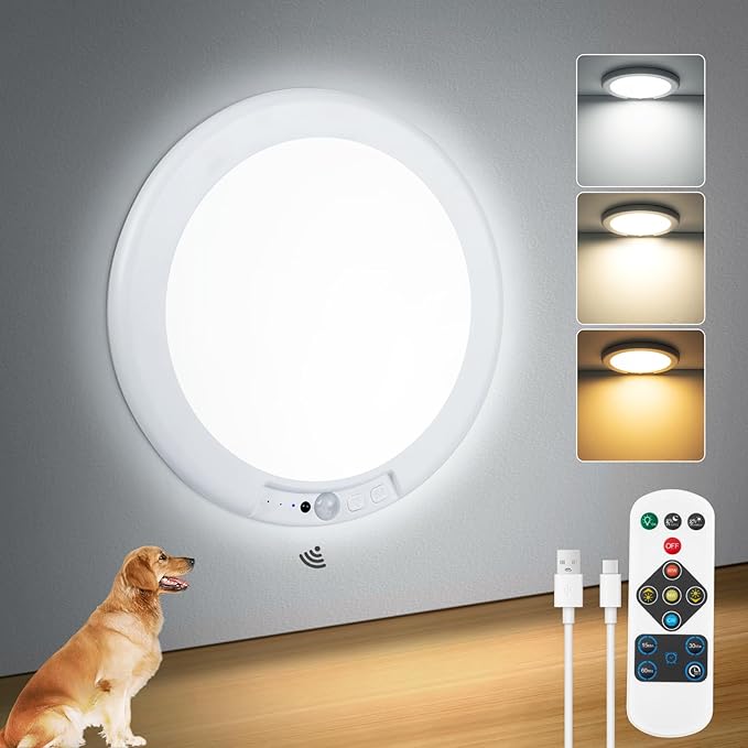 7.48" Battery Operated Ceiling Light with Remote, Rechargeable Shower Light Waterproof, Wireless Motion Sensor Ceiling Lights Indoor 3000K/4500K/6500K Dimmable for Bathroom Living Room Closet