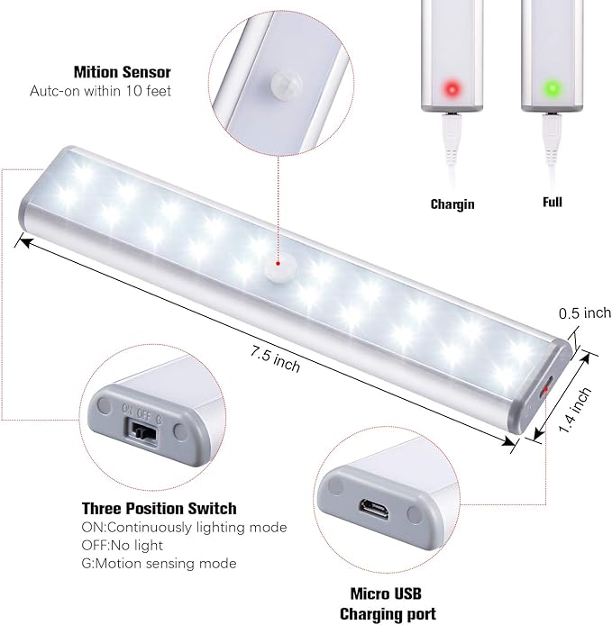 Motion Sensor Cabinet Lights,USB Rechargeable 20 LED Portable Cordless Closet Lighting,Wireless Under Counter Light Bar, Magnetic Removable Stick-On Anywhere for Wardrobe/Cupboard/Stairs (2 Pack)