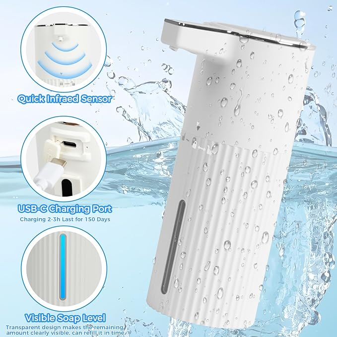 Automatic Foaming Soap Dispenser, 13.52oz/400ml Rechargeable Touchless Smart Foam Soap Dispenser, Hand Dish Soap Dispensers for Bathroom & Kitchen - Wall Mounted, 4 Adjustable Level, IPX5 Waterproof