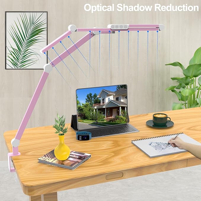 Micomlan Architect Desk Lamp for Home Office, Pink Desk Lamp with Clamp for Working, 24W Bright Rotatable Led Table Light Stepless Dimming Tempering Wide Computer Light for Crafting Puzzle Hobby