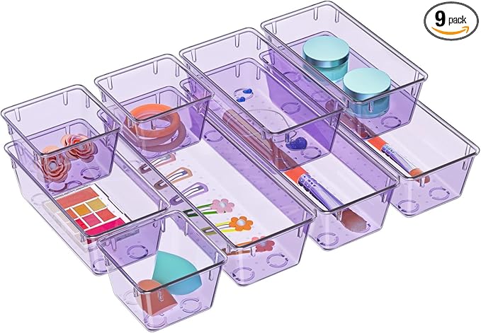 WOWBOX 9 Pack Clear Drawer Organizer Set, Acrylic Drawer Storage Trays, Storage Bins for Makeup, Cosmetics, Jewelries, Utensils, Gadgets, Office, Purple