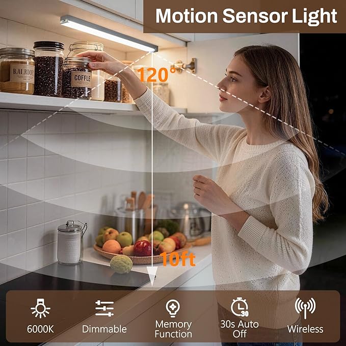 DWEPTU Rechargeable Motion Sensor Light Indoor, 12” LED Under Cabinet Lighting with 3 Modes & Memory Dimming, Stick On Lights for Closet, Kitchen, Hallways (2 Pack)