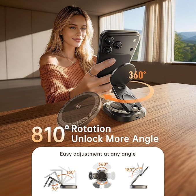 REWONDER 3 in 1 Wireless Charger Station - Qi2.2 25W Charging Stand - 360° Rotatable Metal Aluminum Dock Compatible with iPhone 17 16 15 14 13 & Apple Watch Ultra & AirPods Pro (Adapter Not Included)