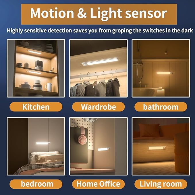 SOUL LINK Under Cabinet Lights, 76 LED Operated Motion Sensor Light Indoor, 1500mAh USB Rechargeable Closet Lights, 4 Pack Magnetic Dimmable Wireless Under Counter Lights for Kitchen, Stairs