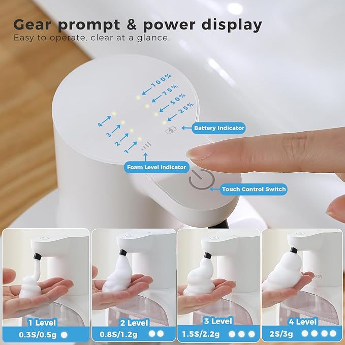Automatic Foaming Soap Dispenser, 17oz/500ml Touchless Rechargeable with 4-Level Adjustable & IPX5 Waterproof - Level Display for Wall/Tabletop Use in Bathroom, Kitchen