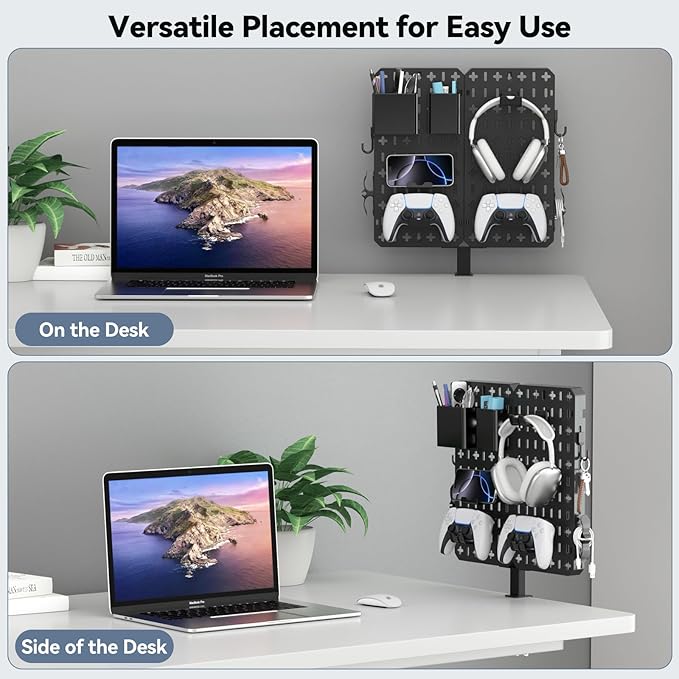 KDD 7 in 1 Clamp-on Desk Pegboard - No Drill Desk Side Storage with Phone Stand/Pen Holder/Storage Box/Headset & Controller Holder/Hooks, Detachable Gaming Pegboard for Office & Home Desktop Organizer