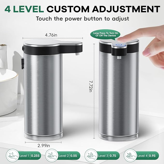 Automatic Soap Dispenser Touchless,Stainless Steel Hand Soap Dispenser,11.8oz/350ml,4 Adjustable Levels,USB Rechargeable,Desktop & Wall-Mounted Dual Use,for Kitchen & Bathroom,Liquid Black.
