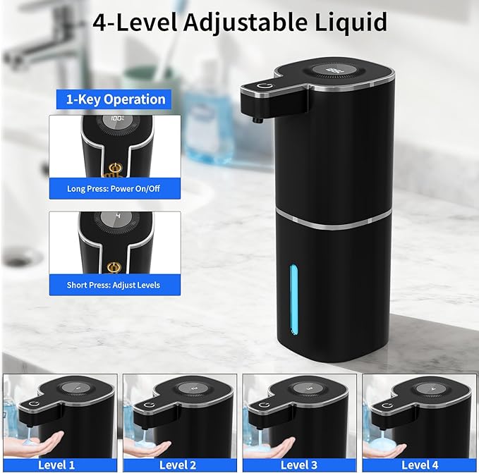 Automatic Liquid Soap Dispenser, Touchless Rechargeable Hand Soap Dispenser, 4 Adjustable Levels, 1200mAh Battery, Large Display, for Kitchen & Bathroom (Black, Liquid)