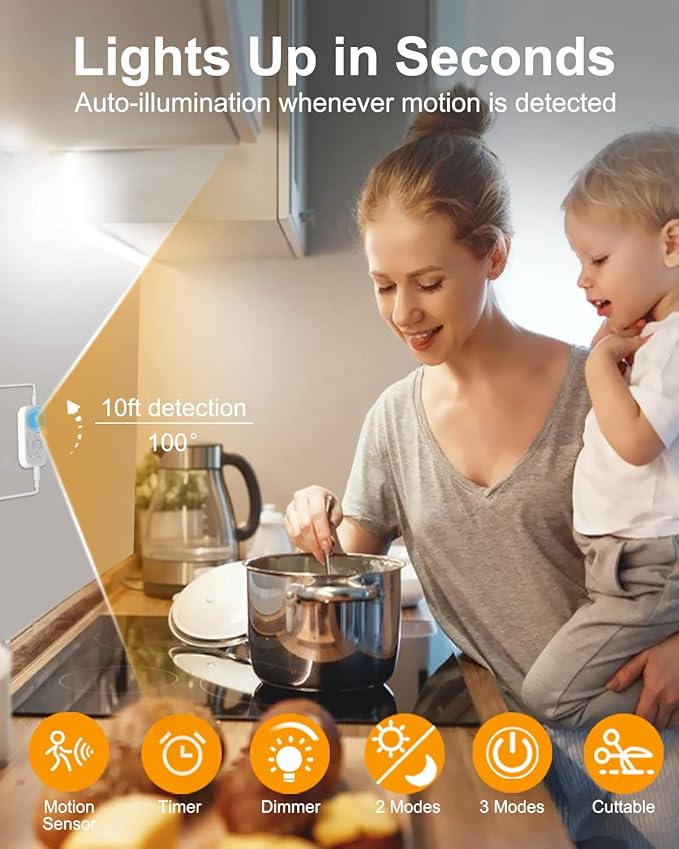 Motion Sensor Led Light Strip - Under Cabinet Lighting with Power Adapter, 6 Adjustable Brightness and Timing, Light Strips for Kitchen Cabinets, Stair, Showcase, Bedroom, 9.84ft 3000K WarmWhite
