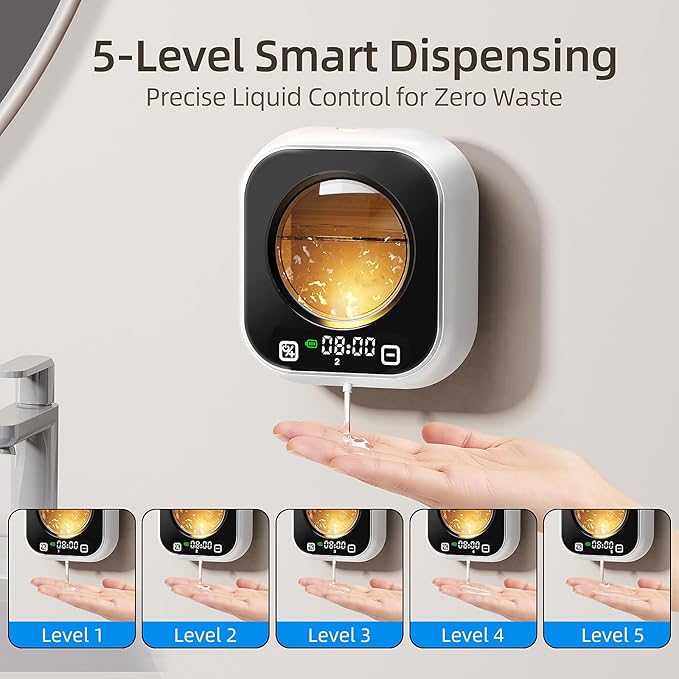 Automatic Liquid Soap Dispenser, Wall Mounted Soap Dispenser, 320ML Electric Touchless Rechargeable, Smart Display & 5‑Level Adjustable, No-Drill Waterproof for Bathroom, Kitchen (White)