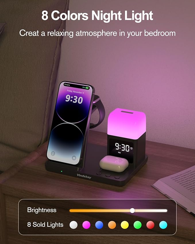Wireless Charging Station Alarm Clock with 8 Touch Night Lights: 5 in 1 Charger Stand for Apple Devices, Charging Dock for iPhone 17 16 15 14 13 12 Pro Max Plus/Apple Watch/AirPods, Dimmable