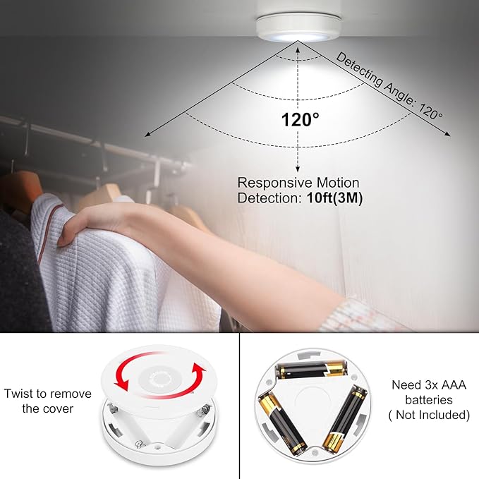 Mlambert 4 Pack Motion Sensor LED Night Light, Cordless Battery-Powered Stick-on Magnet Closet Lights, Safe Lights for Stairs, Cabinet, Cool White