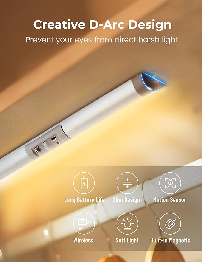 Joyzy Automatic Motion Sensor Closet Lighting with Eye-Protection Design, LED Closet Lights for Stair Step Wireless Light, Rechargeable Wardrobe Pantry Lights (2pack with Warm Lighting)
