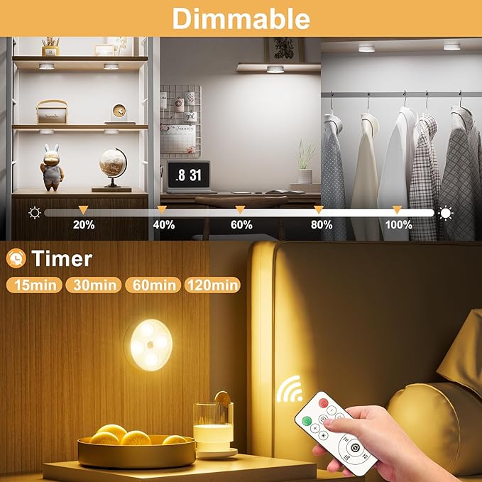 Under Cabinet Lighting, 1500mAh Rechargeable Motion Sensor Puck Lights with Remote, 3 Color Temper, Magnetic Stick on Light, Dimmable Under Counter Lights for Kitchen, Shelf, Closet, Stair, 6Pack