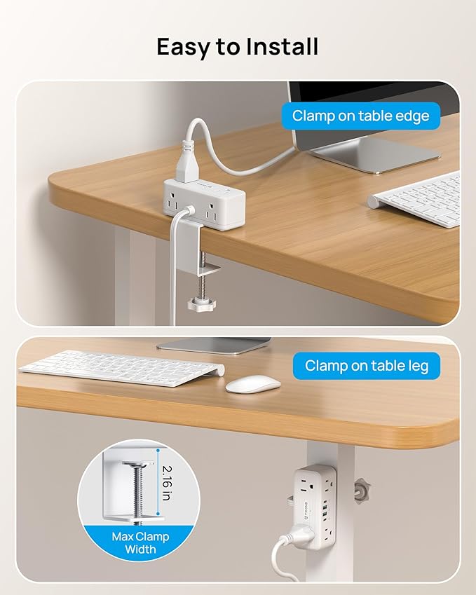 TROND Small Footprint Desk Clamp Power Strip USB C PD 20W, Flat Plug Extension Cord 10ft, 3 Sided 6 Outlets, 4 USB, 900J Surge Protection, Fit 2.16" Tabletop Edge, Home Office Desk Accessories, White