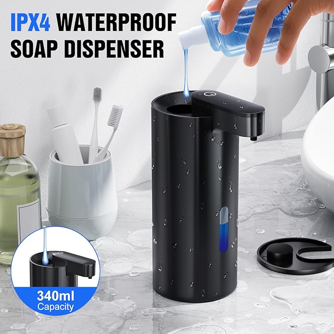 Fantictas Automatic Soap Dispenser Touchless, Stainless Steel 11.5 oz 3 Levels Adjustable Hand Soap Dispenser with Rechargeable Sensor Pump for Kitchen & Bathroom Liquid Soap, Black
