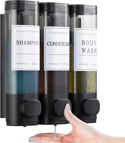 Shampoo and Conditioner Dispenser,Shower Soap Dispenser 3 Chamber No Drill Wall-Mounted Shampoo Dispenser for Shower Wall Mounted Shower Dispenser for Bathroom Hotel Large Capacity,Black
