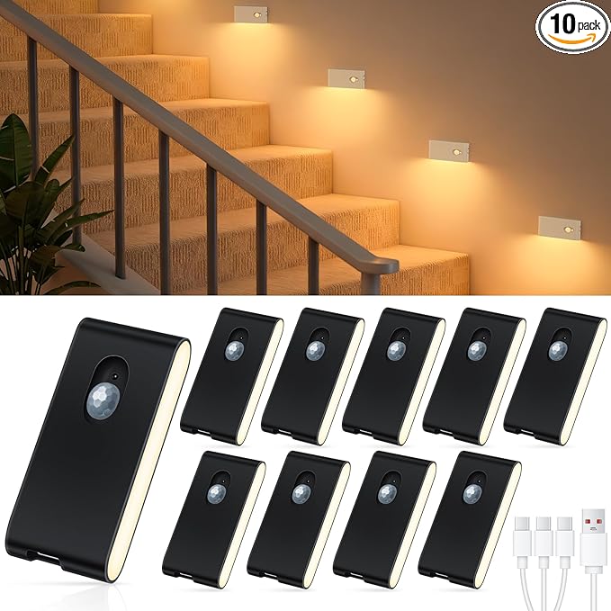 WILLED Stair Lights Indoor, Warm White Rechargeable Night Light, Wireless Motion Sensor Light Indoor for Stairs, Hallway, Stairway, Bathroom, Bedroom, Kitchen, 10 Pack