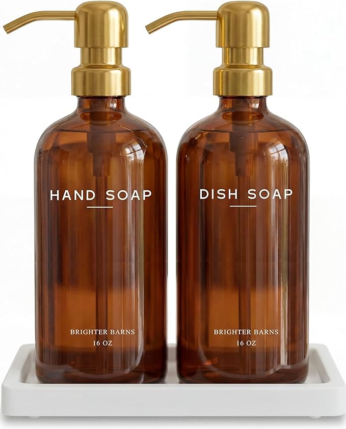 Luxury Glass Hand and Dish Soap Dispenser Set with Tray by Brighter Barns - Kitchen Soap Dispenser with Tray and Pump for Kitchen Sink - Luxury Home Decor for Airbnb, Restaurant, Hotel (Amber/Gold)