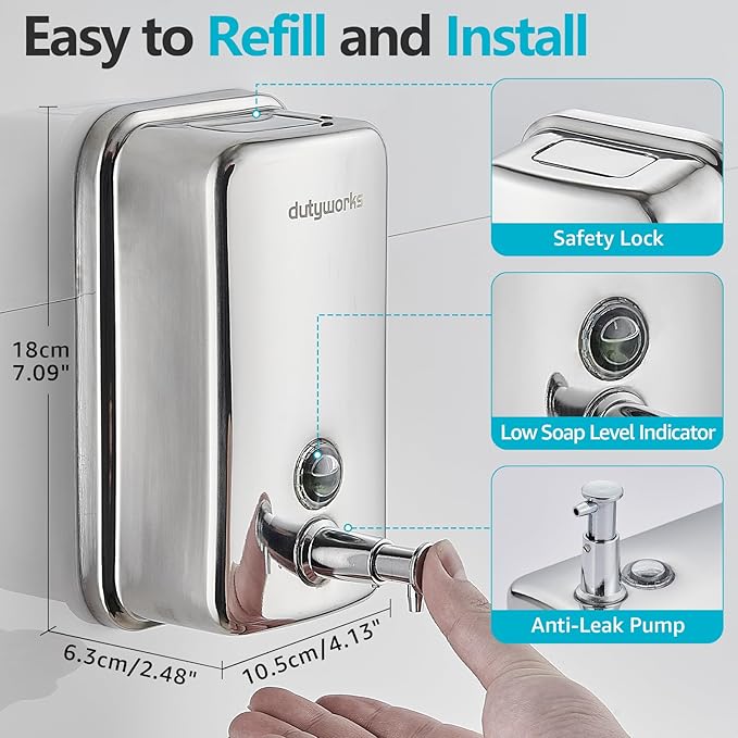 Stainless Steel Soap Dispenser - 800ml Large Capacity, Easy Wall Mount Installation, Soap Dispenser for Bathroom & Kitchen - Ideal for Commercial, Household, Office Use