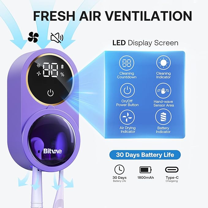 Bitvae Tooth Brush Holder for Bathroom, Infrared Sensing Toothbrush Cleaner, Wall-Mounted for Any Size Toothbrushes, Air Drying, LED Smart Screen, Purple