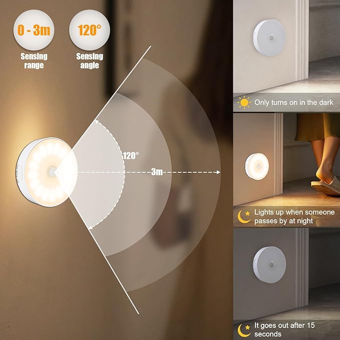 3 Pack Motion Sensor Light Indoor, Upgraded 14 LEDs Night Light USB Rechargeable, 3 Light Modes & Long Last Battery, Cordless Magnetic NightLight for Closet, Bedroom, Stairs - Warm White