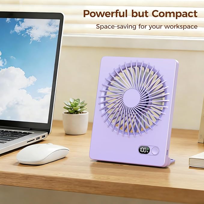 Zuvas Desk Fan Battery Operated Fan Rechargeable 180°Tilt Folding Personal Fan Ultra Quiet Small Portable 3 Speed Adjustable Strong Wind Fan For Office Bedroom Home Desktop Camping (Light Purple)