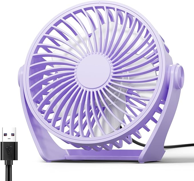 Edvision USB Desk Fan, 5 Inch Small Portable, 3 Speeds Powerful Wind Mini Personal Desktop Fan 360° Rotation Adjustable, Plug In USB Fan Quiet for Table Home Office Travel Car(Purple)