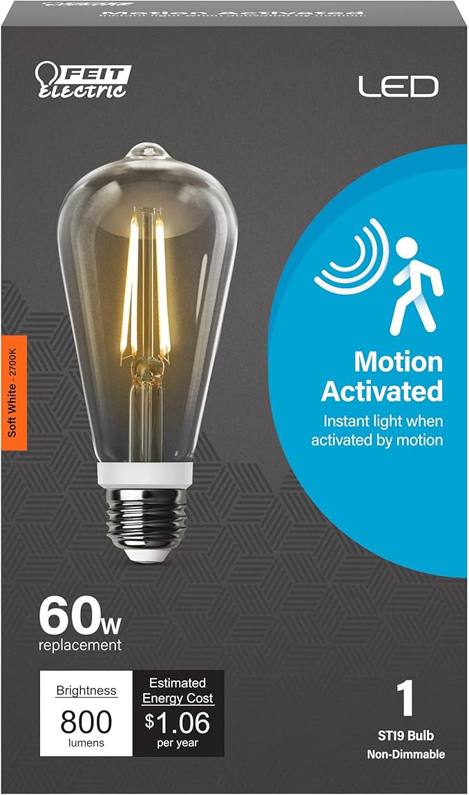 Feit Electric Motion Sensor, Non-Dimmable, Indoor/Outdoor LED Bulb with Exposed Filament, ST19 on E26 Base, High CRI, 60 Watts Equivalent, 2700K, Soft White - ST19CL927CA/MM/FILED