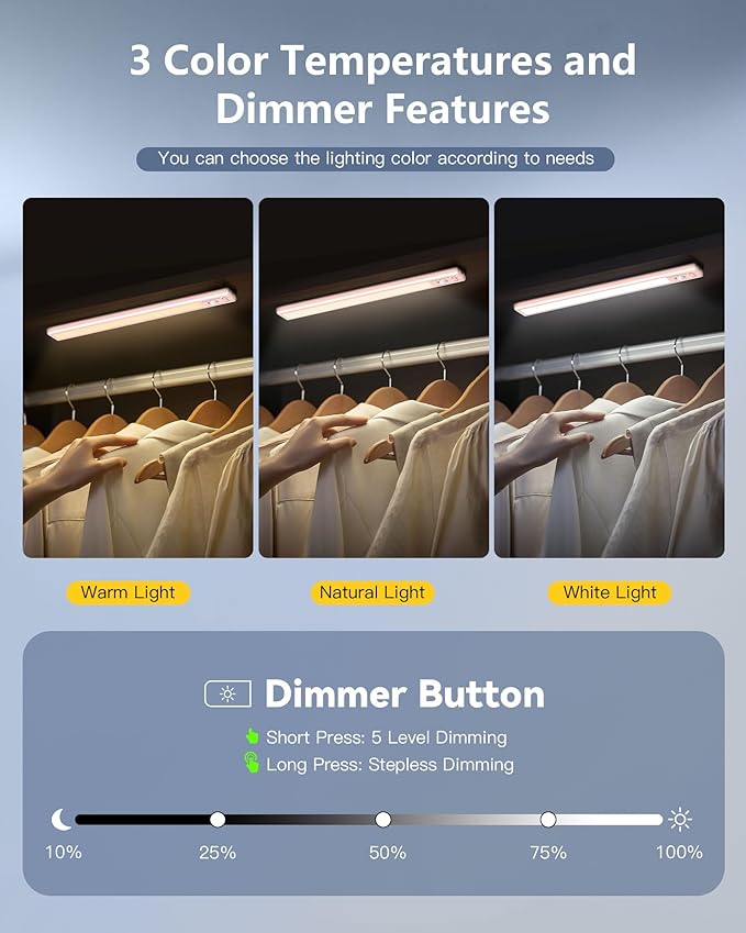 OTWKAY 10.5inch Under Cabinet Lighting with 3 Color Temps, 2 Pack Rechargeable Motion Sensor Lights Indoor, Dimmable Under Counter Lights for Kitchen, Closet
