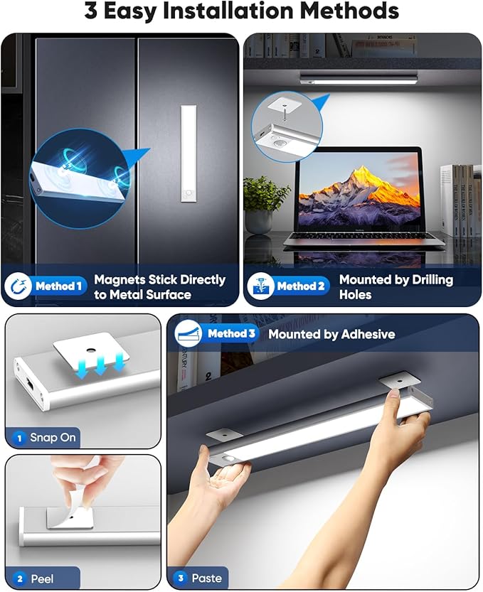 Under Cabinet Lighting, 2200mAh 10 Inch Battery Operated Rechargeable Motion Sensor Night Lights Indoor, LED Magnetic Wireless Closet Light, 6500K Dimmable Counter Lights for Kitchen, Home, 5 Packs